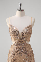 Champagner Meerjungfrau Spaghettiträger Pailletten Hollow Out Ballkleid