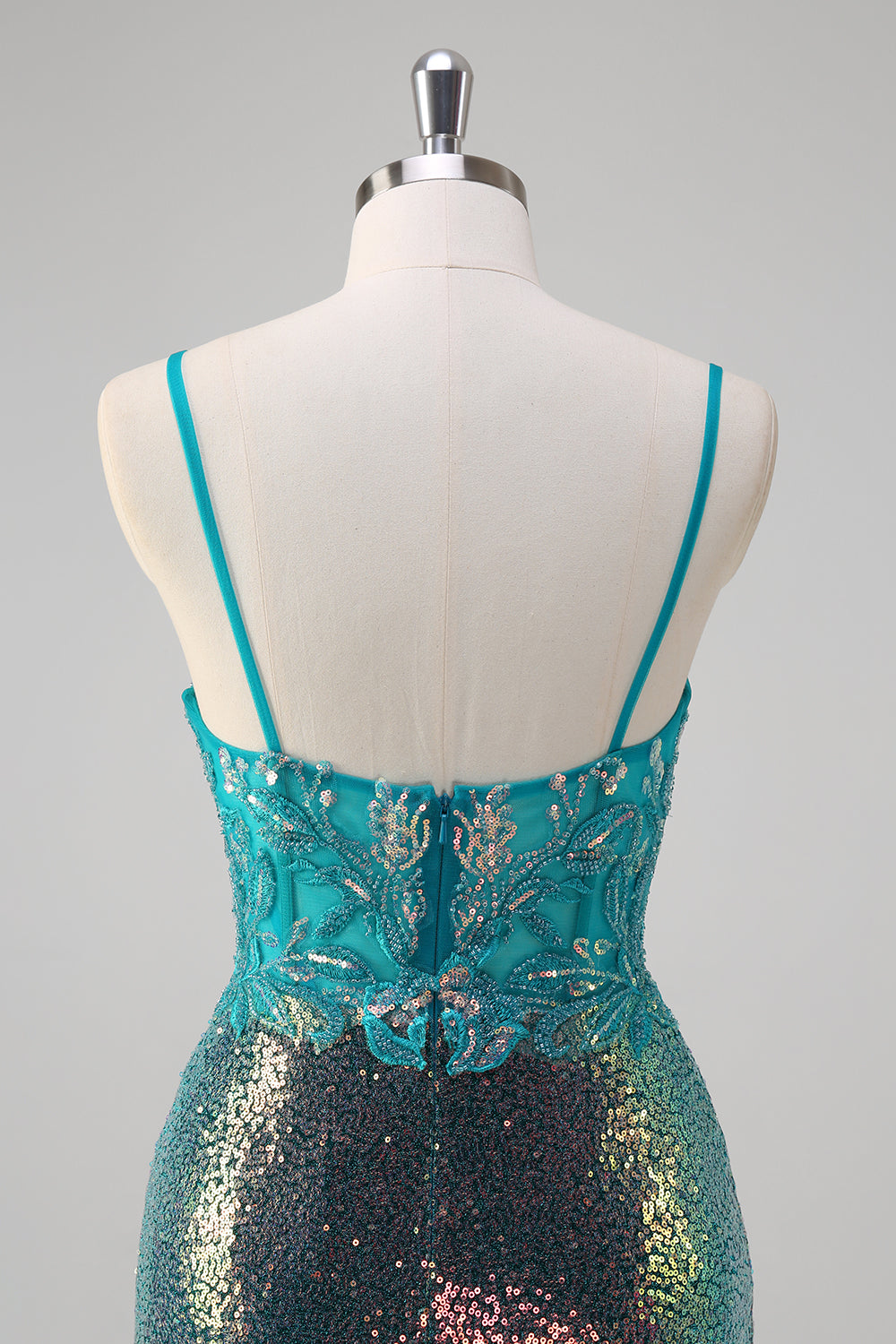 Pfau Grün Meerjungfrau Spaghettiträger Korsett Pailletten Ballkleid