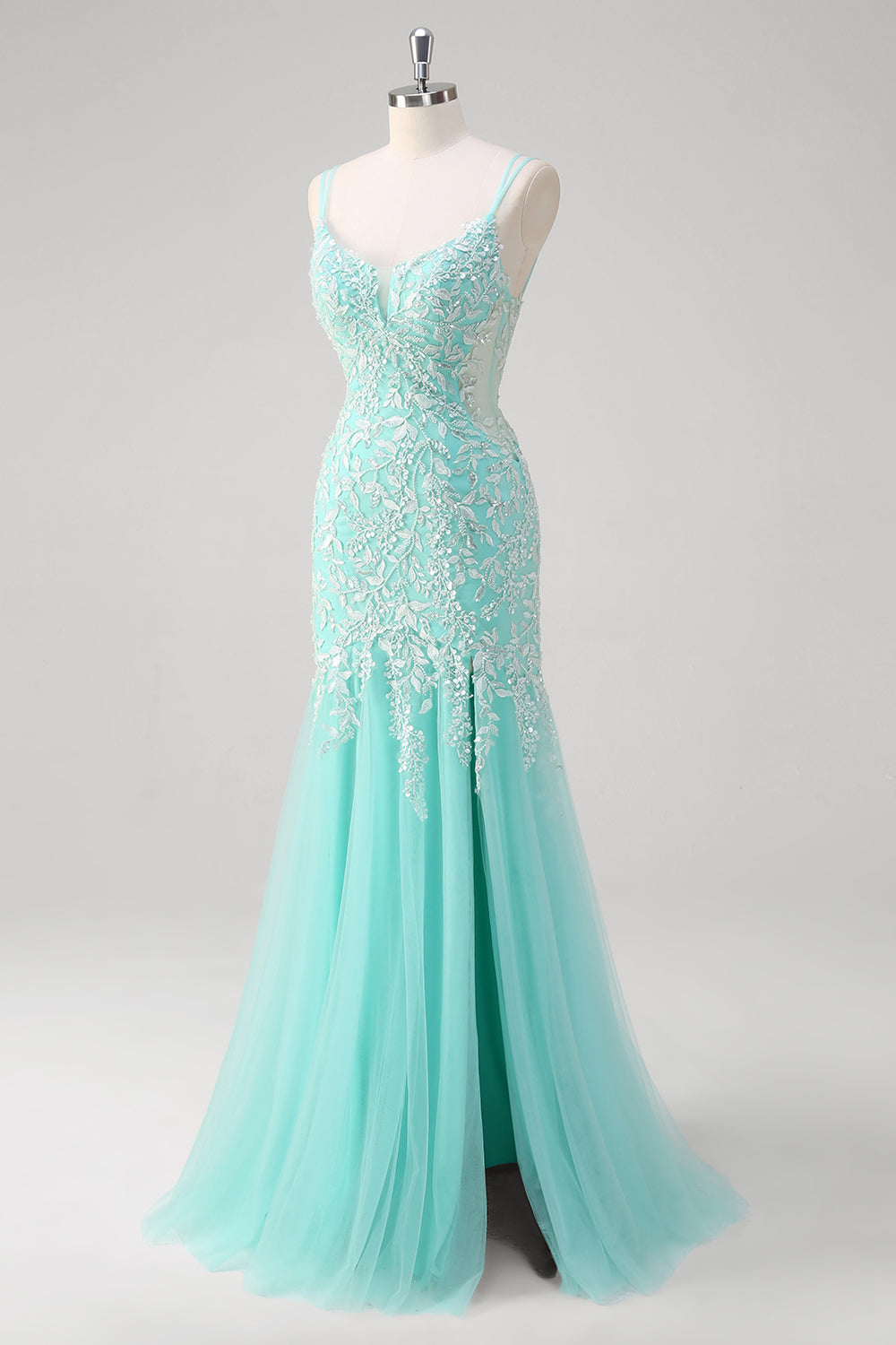 Glitzerndes Mint Meerjungfrauen Spitzenkleid mit Schlitz