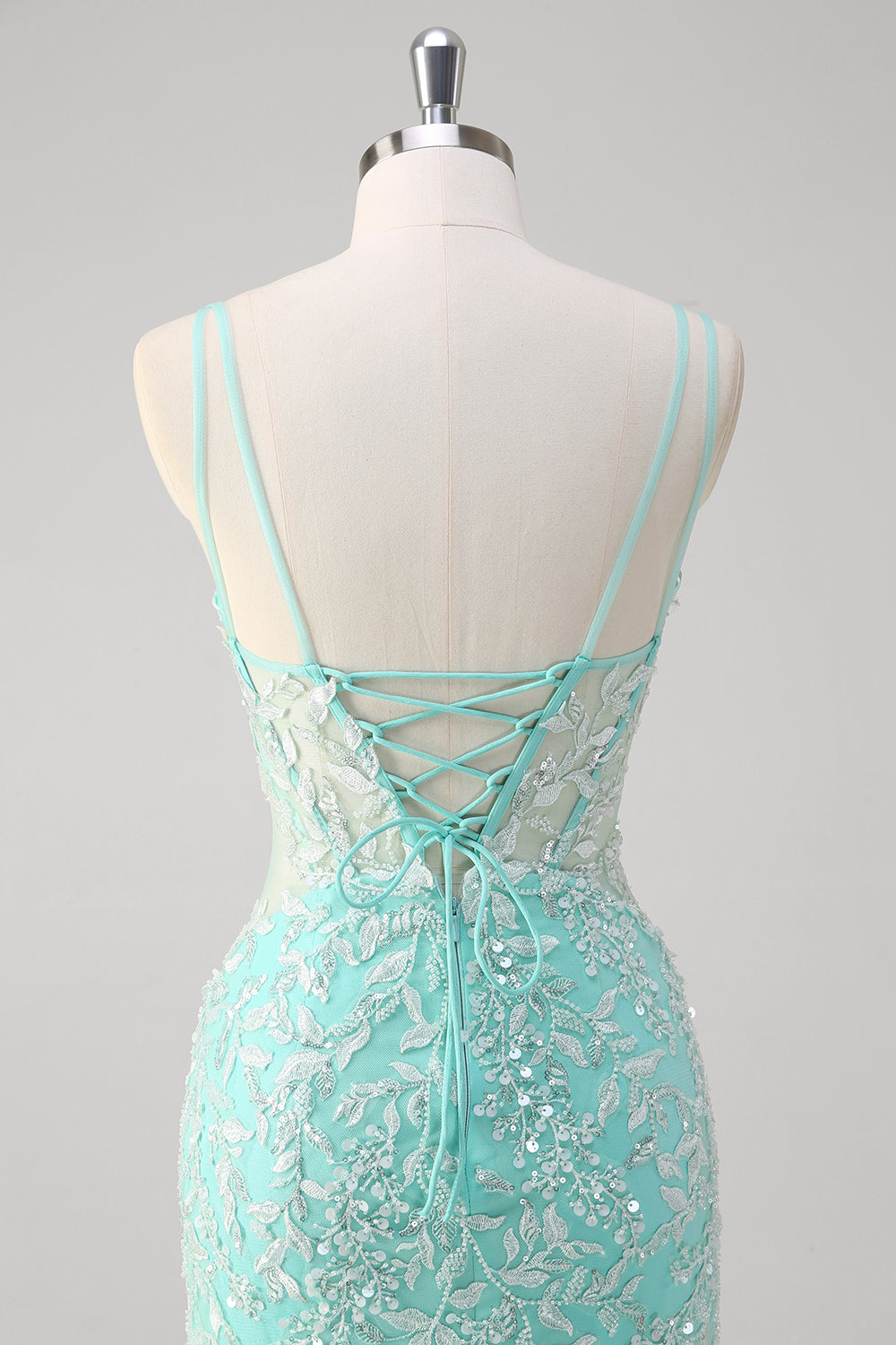 Glitzerndes Mint Meerjungfrauen Spitzenkleid mit Schlitz
