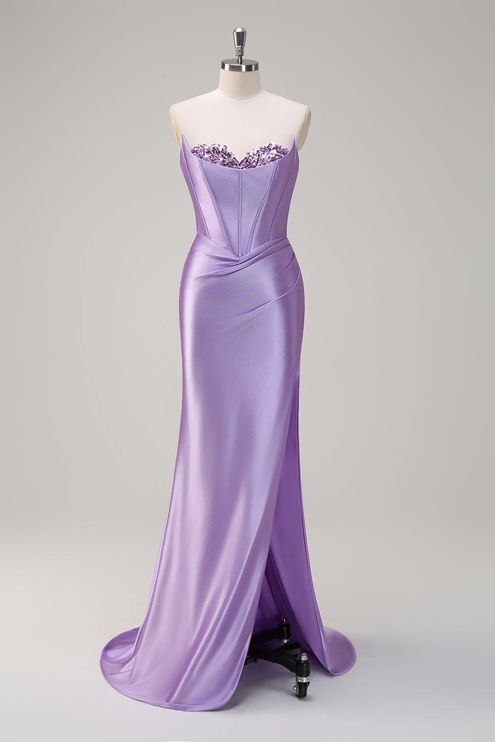 Glitzerndes flieder Meerjungfrauen Korsett Pailletten Satin Langes Ballkleid mit Schlitz