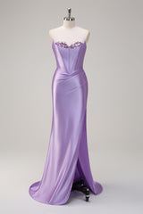 Glitzerndes flieder Meerjungfrauen Korsett Pailletten Satin Langes Ballkleid mit Schlitz