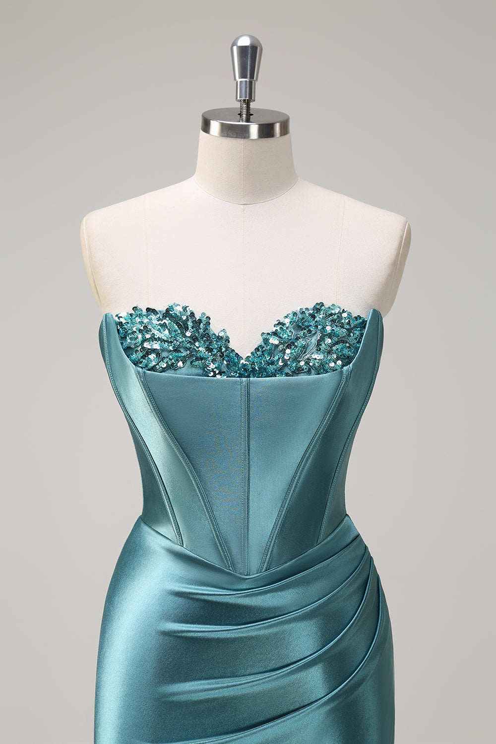 Glitzerndes Flieder Meerjungfrauen Pailletten trägerloses Korsett Satin Ballkleid mit Schlitz