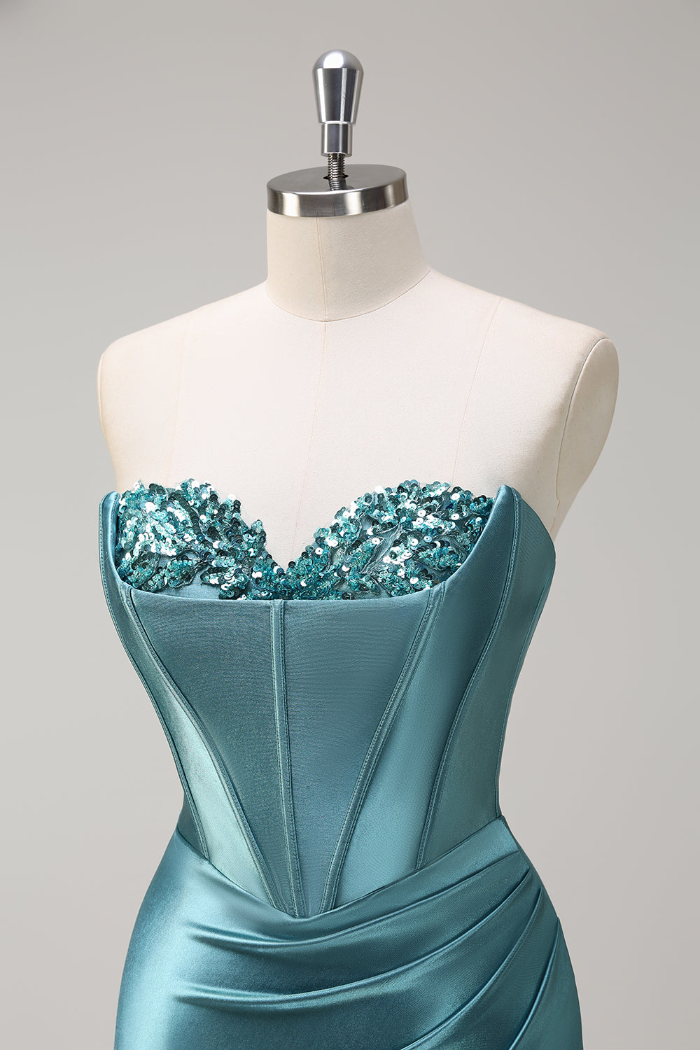 Glitzerndes Flieder Meerjungfrauen Pailletten trägerloses Korsett Satin Ballkleid mit Schlitz