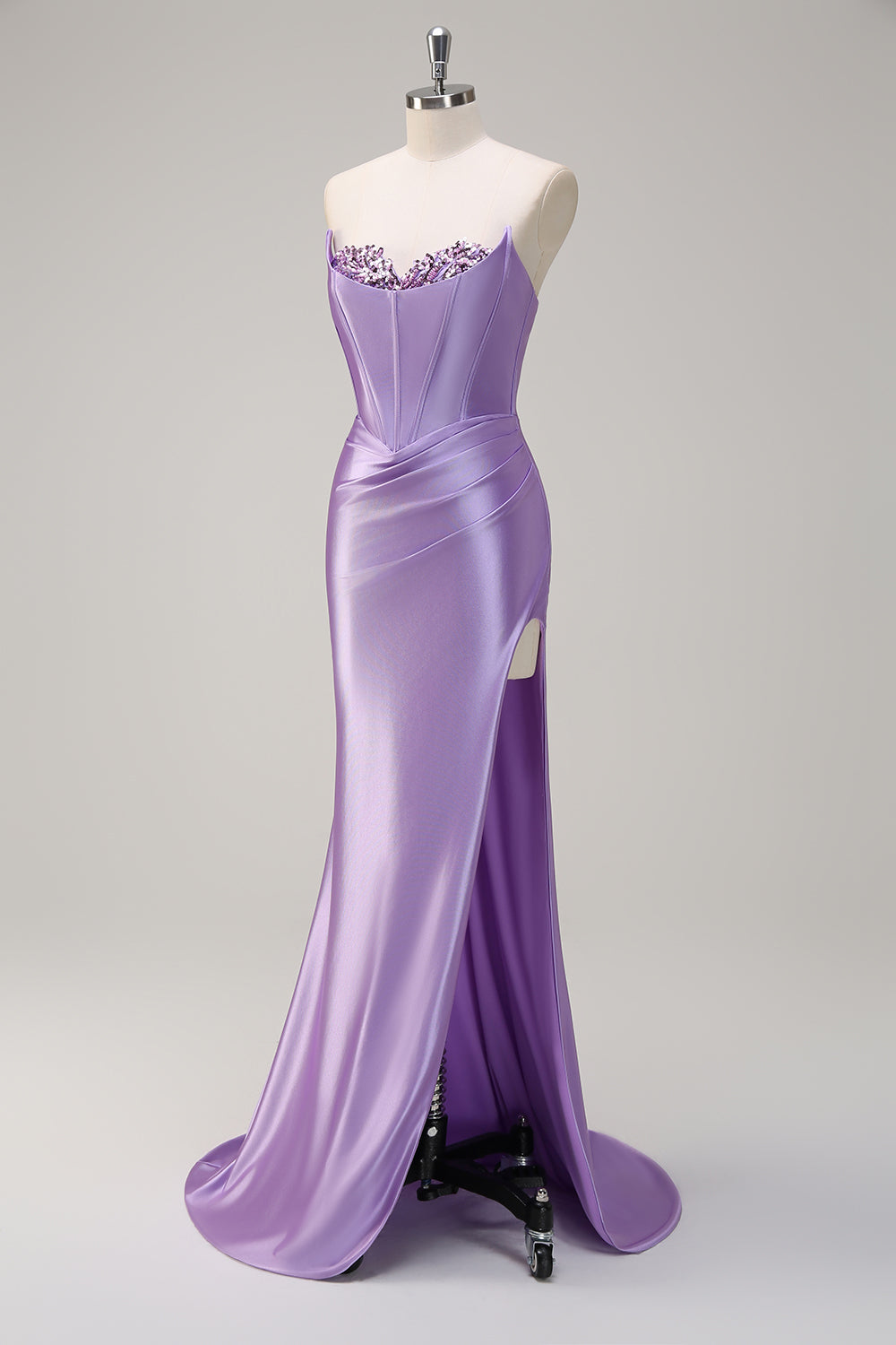 Glitzerndes flieder Meerjungfrauen Korsett Pailletten Satin Langes Ballkleid mit Schlitz