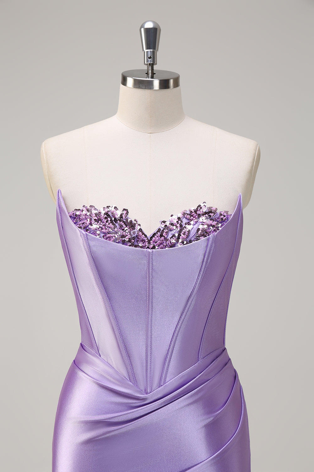 Glitzerndes flieder Meerjungfrauen Korsett Pailletten Satin Langes Ballkleid mit Schlitz