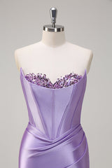 Glitzerndes flieder Meerjungfrauen Korsett Pailletten Satin Langes Ballkleid mit Schlitz