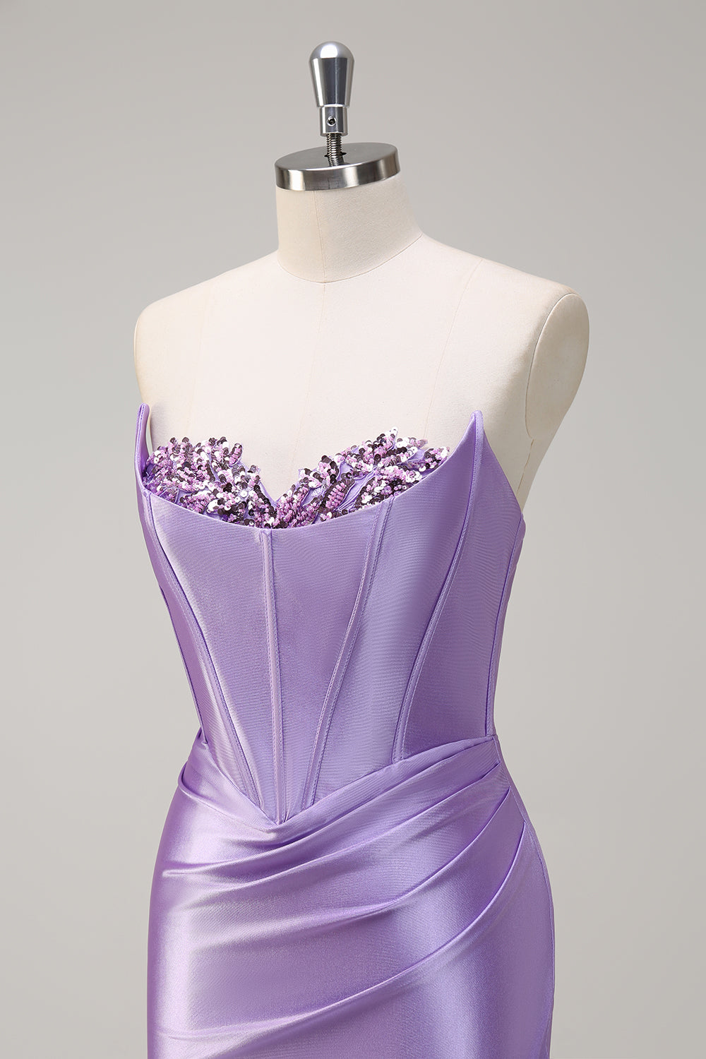 Glitzerndes flieder Meerjungfrauen Korsett Pailletten Satin Langes Ballkleid mit Schlitz