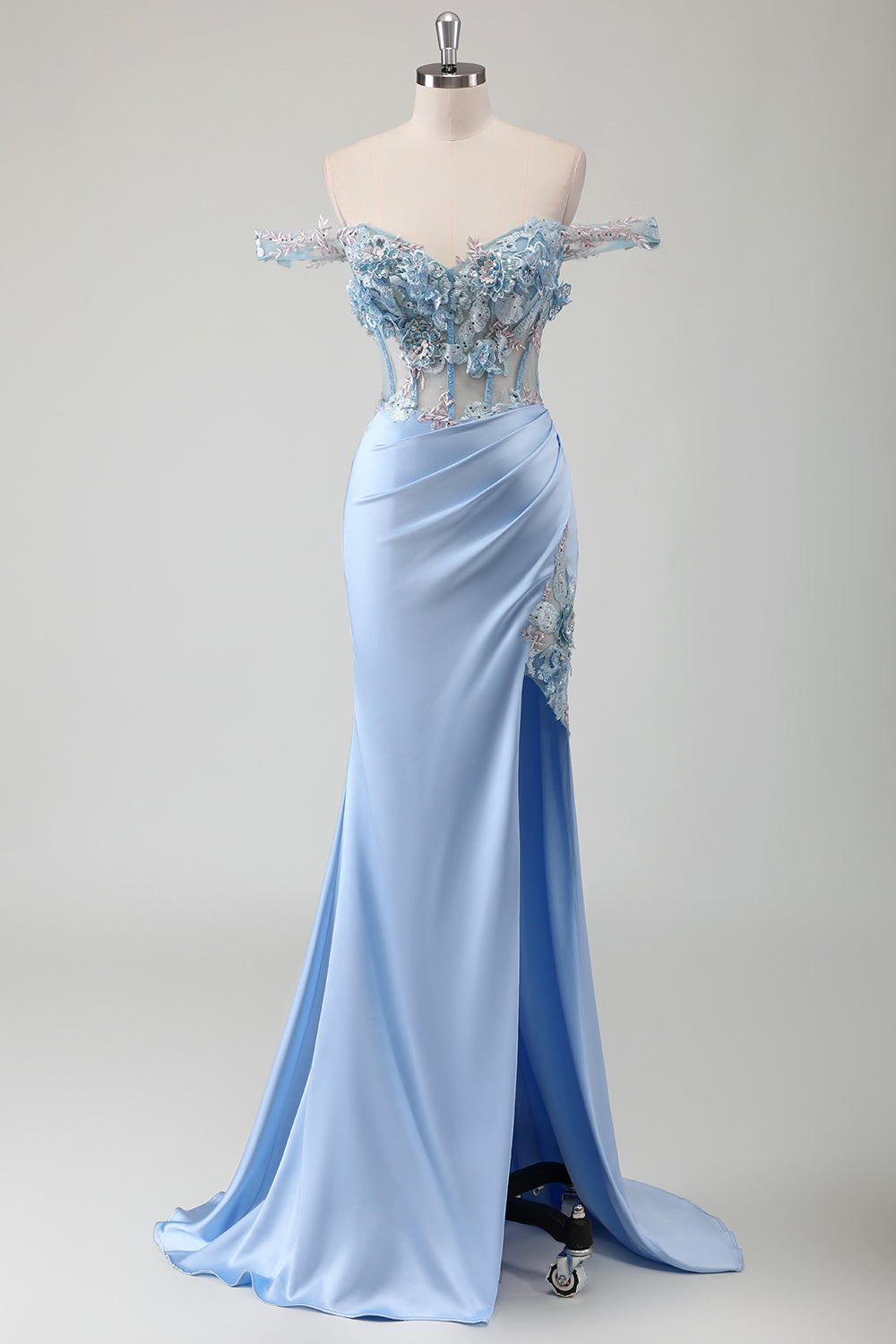 ZAPAKA Damen Himmelblaues Meerjungfrau Ballkleid Schulterfreies Korsett Gerafftes Langes Abendkleid mit Schlitz