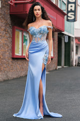 ZAPAKA Damen Himmelblaues Meerjungfrau Ballkleid Schulterfreies Korsett Gerafftes Langes Abendkleid mit Schlitz
