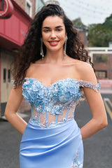 Meerjungfrau Himmelblaues Schulterfreies Korsett Langes Abendkleid mit Schlitz