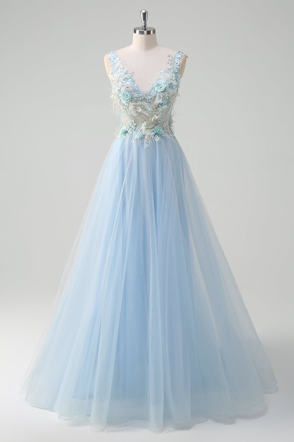 Hellblaues langes A-Linie Tüll Ballkleid mit tiefem V-Ausschnitt und 3D-Blumen