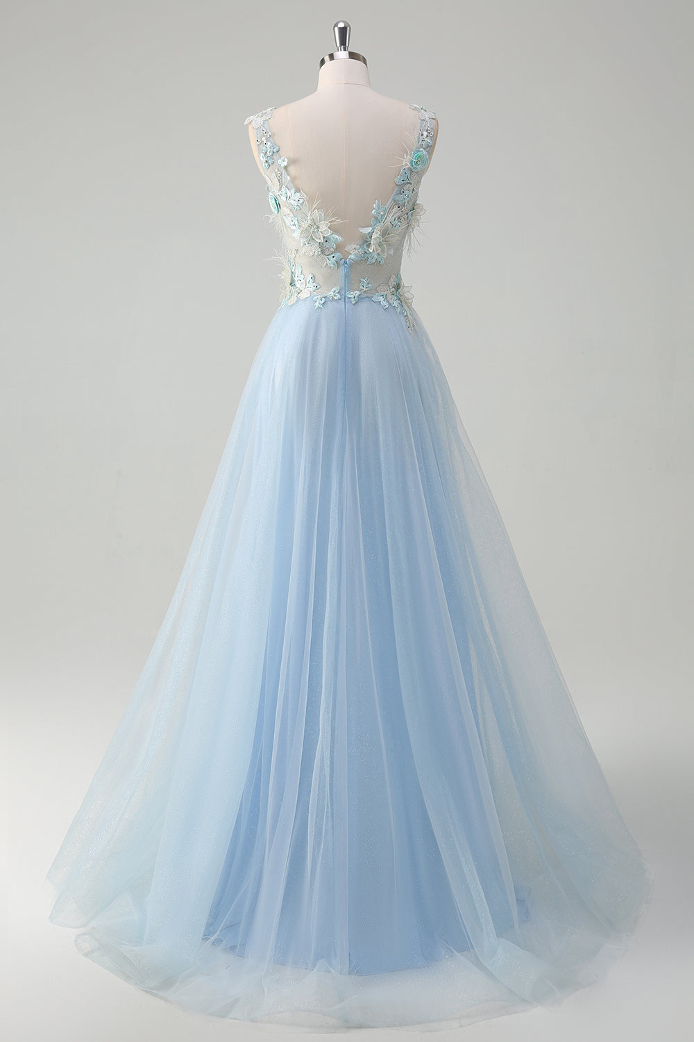 Hellblaues langes A-Linie Tüll Ballkleid mit tiefem V-Ausschnitt und 3D-Blumen