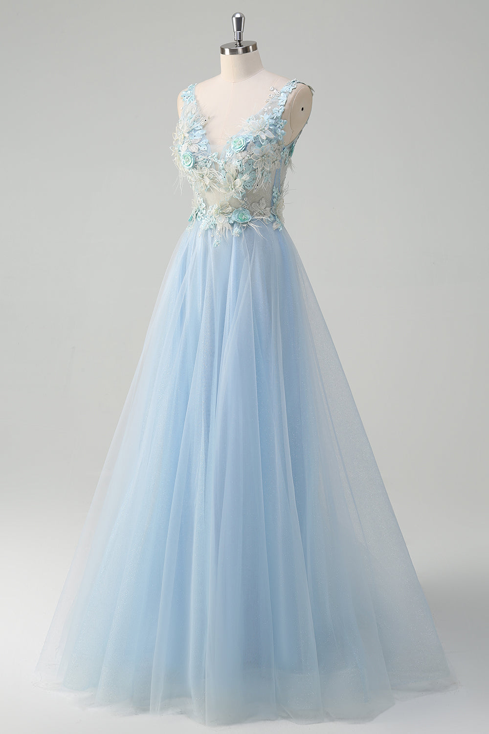 Hellblaues langes A-Linie Tüll Ballkleid mit tiefem V-Ausschnitt und 3D-Blumen