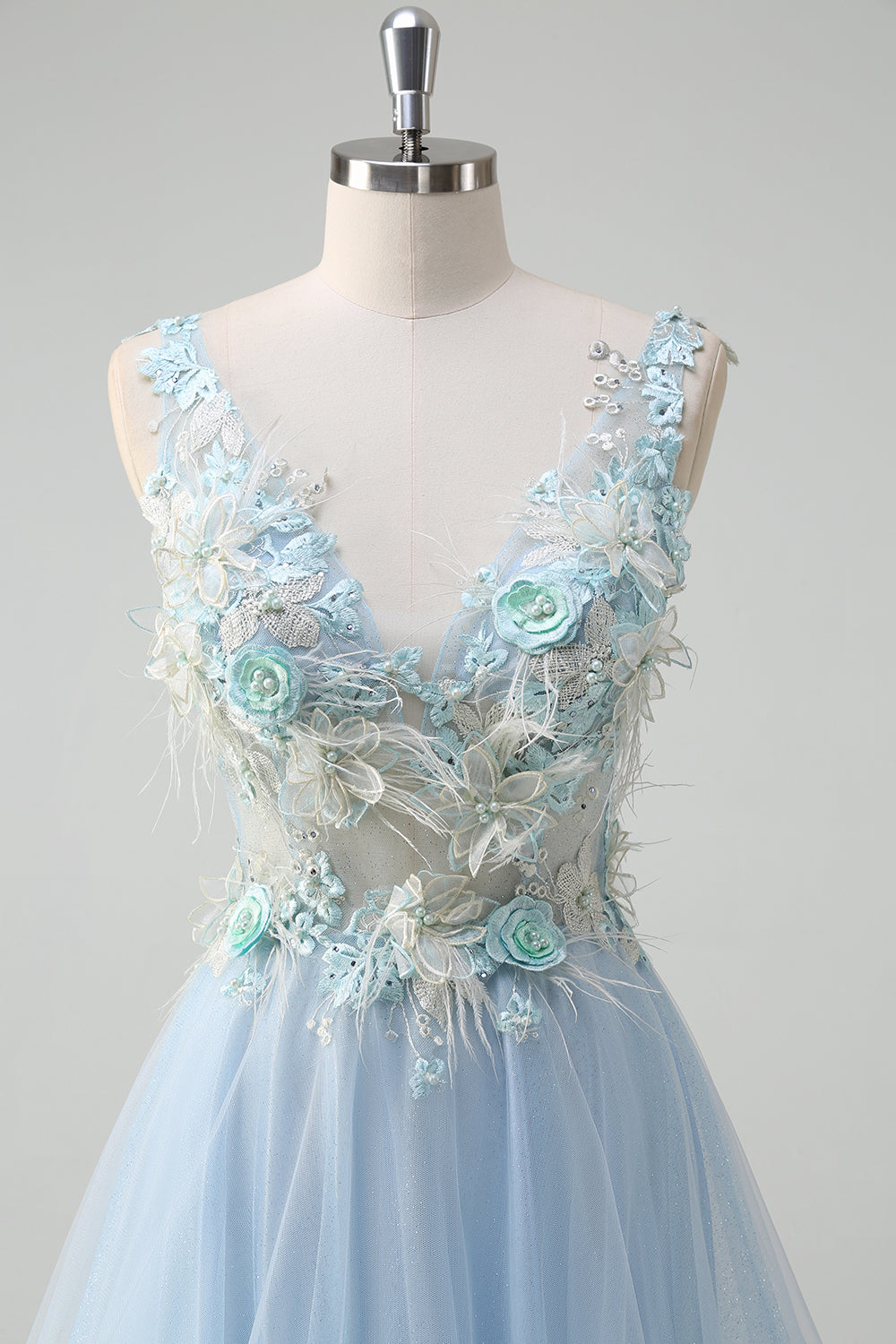 Hellblaues langes A-Linie Tüll Ballkleid mit tiefem V-Ausschnitt und 3D-Blumen