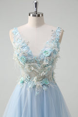 Hellblaues langes A-Linie Tüll Ballkleid mit tiefem V-Ausschnitt und 3D-Blumen