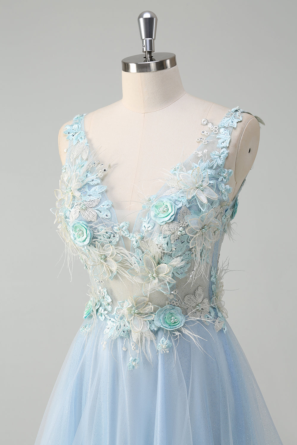 Hellblaues langes A-Linie Tüll Ballkleid mit tiefem V-Ausschnitt und 3D-Blumen