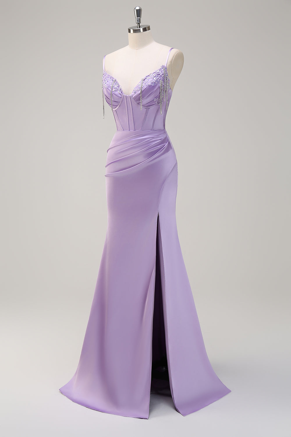 Flieder Meerjungfrauen Spaghetti-Träger Korsett mit Rüschen Langes Ballkleid mit Perlenstickerei