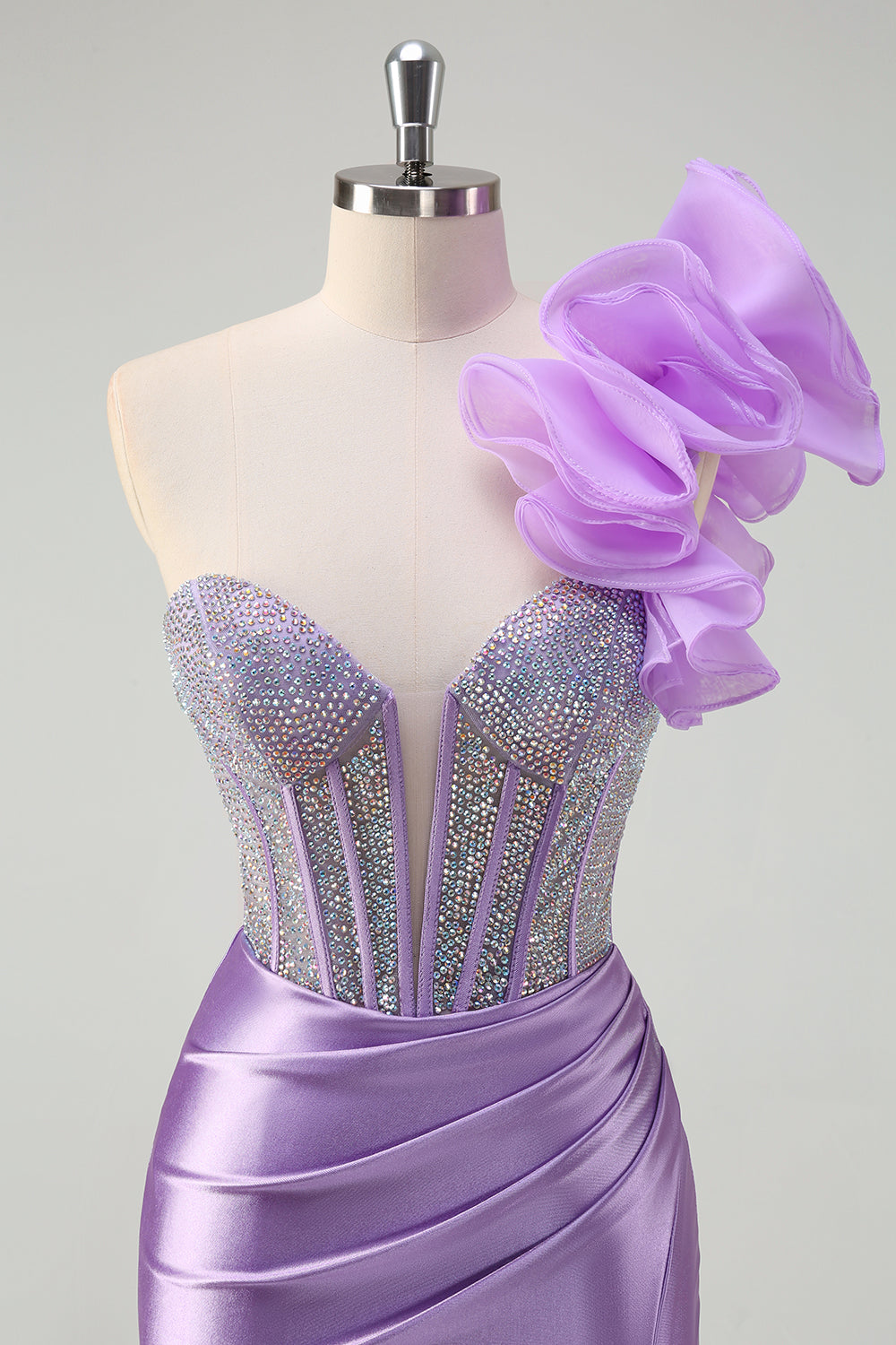 Funkelndes fuchsia Meerjungfrauen Eine Schulter langes Ballkleid mit abnehmbaren Rüschen und Schlitz