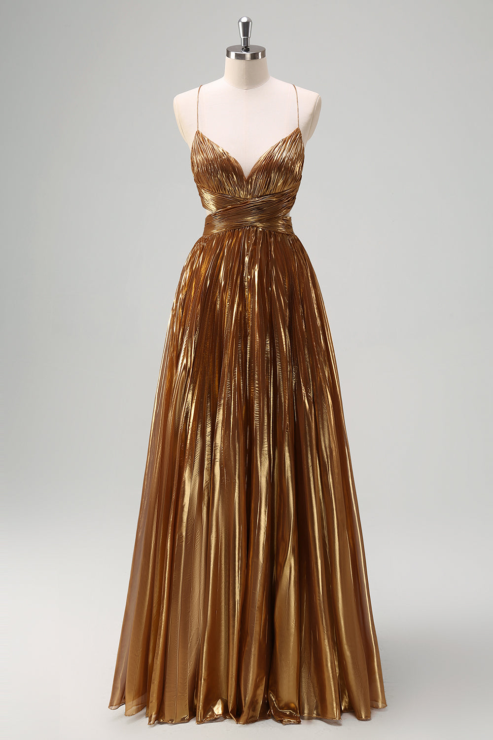 Glitzerndes goldenes langes A-Linie Ballkleid mit Spaghettiträgern