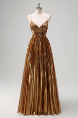 Glitzerndes goldenes langes A-Linie Ballkleid mit Spaghettiträgern