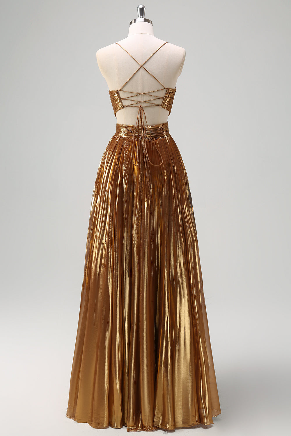 Glitzerndes goldenes langes A-Linie Ballkleid mit Spaghettiträgern