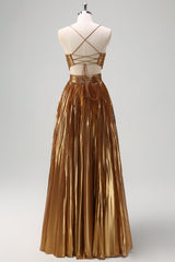 Glitzerndes goldenes langes A-Linie Ballkleid mit Spaghettiträgern