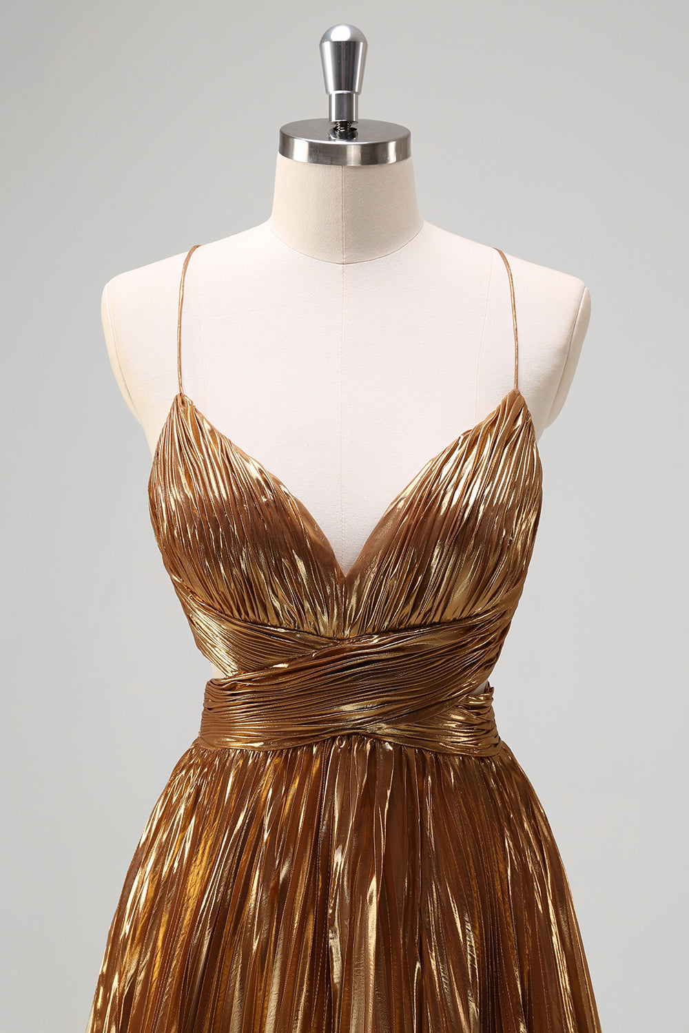 Glitzerndes goldenes langes A-Linie Ballkleid mit Spaghettiträgern