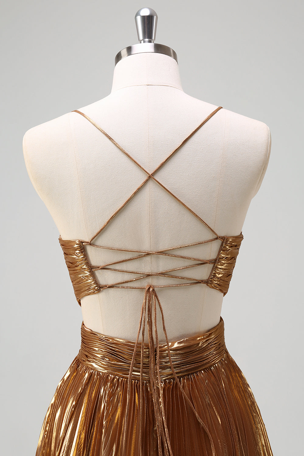 Glitzerndes goldenes langes A-Linie Ballkleid mit Spaghettiträgern