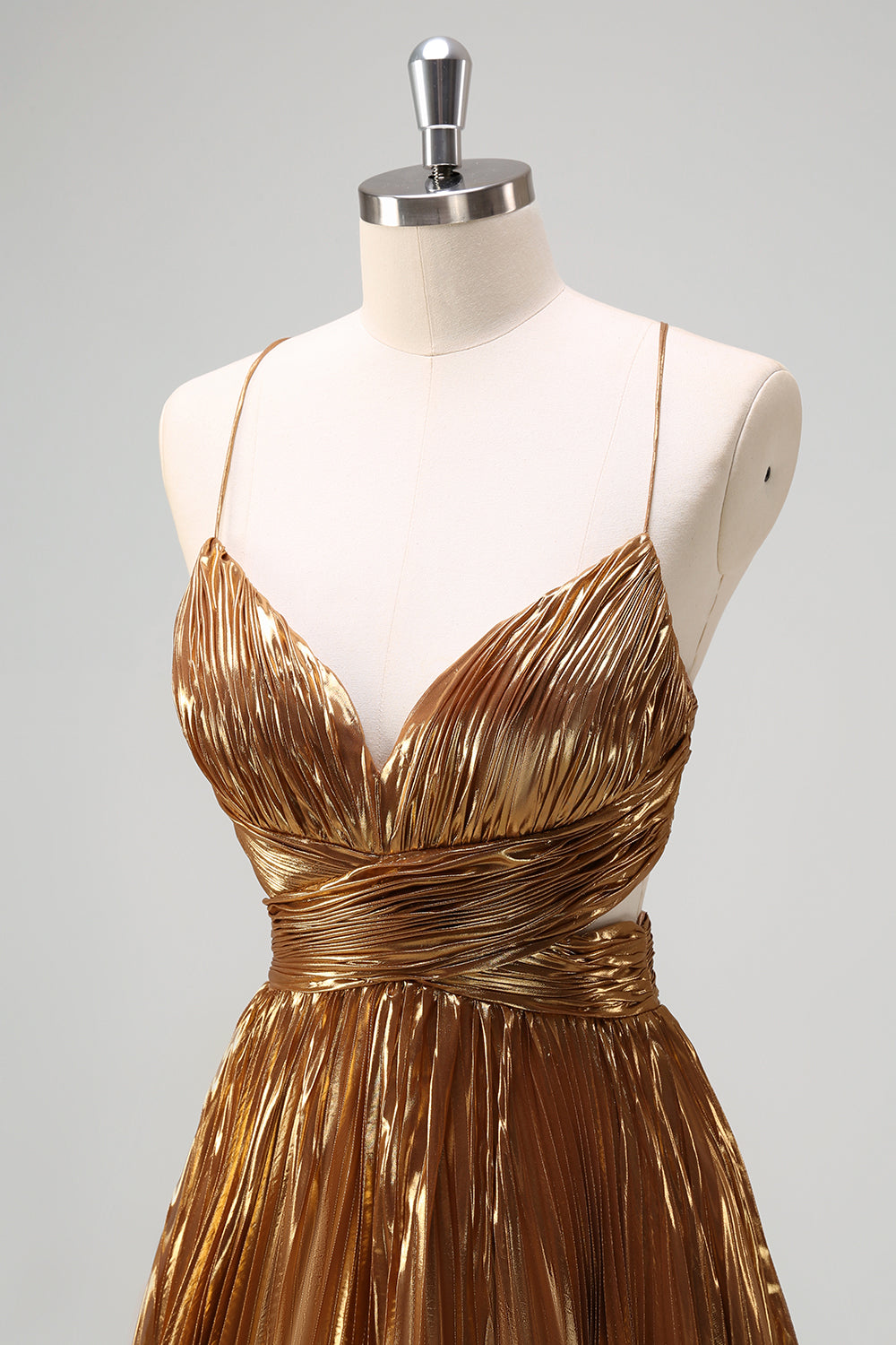 Glitzerndes goldenes langes A-Linie Ballkleid mit Spaghettiträgern