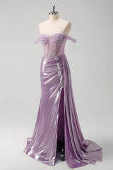 Hellviolettes schulterfreies Watteau Train Meerjungfrau Korsett Metallic Ballkleid