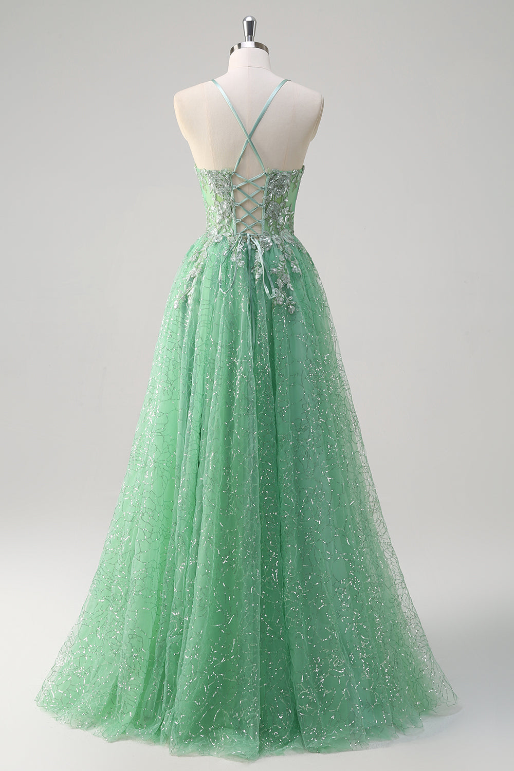 Glitzerndes hellgrünes A-Linie Spaghettiträger Korsett Tüll Ballkleid mit Schlitz