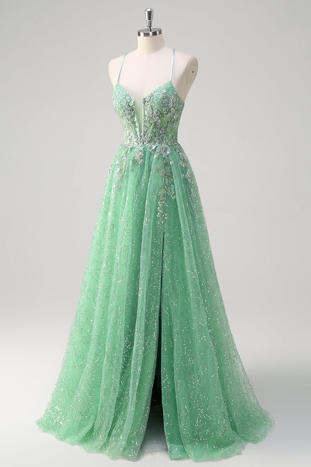 Glitzerndes hellgrünes A-Linie Spaghettiträger Korsett Tüll Ballkleid mit Schlitz