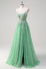 Glitzerndes hellgrünes A-Linie Spaghettiträger Korsett Tüll Ballkleid mit Schlitz