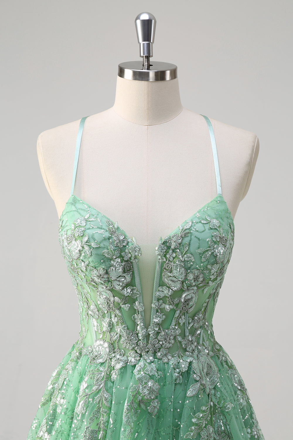 Glitzerndes hellgrünes A-Linie Spaghettiträger Korsett Tüll Ballkleid mit Schlitz