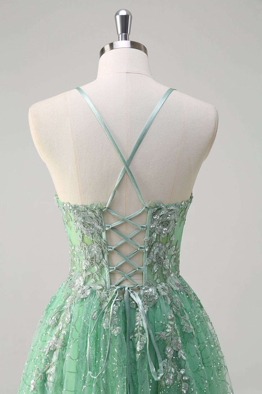 Glitzerndes hellgrünes A-Linie Spaghettiträger Korsett Tüll Ballkleid mit Schlitz