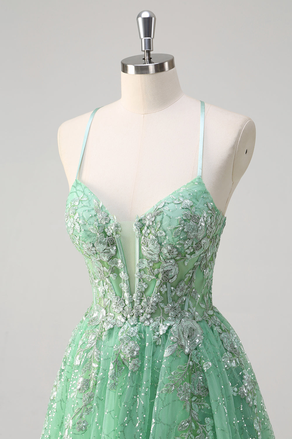 Glitzerndes hellgrünes A-Linie Spaghettiträger Korsett Tüll Ballkleid mit Schlitz