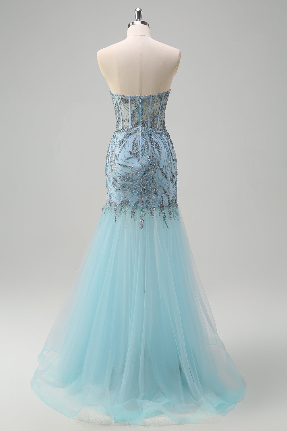 Funkelndes hellblaues Meerjungfrauen Korsett Langes perlenbesetztes Ballkleid mit Schlitz