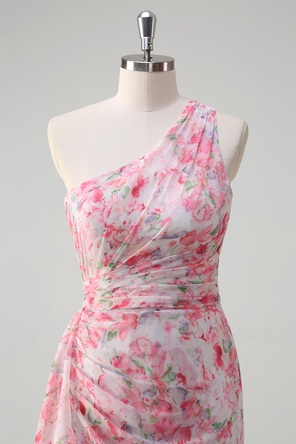 Rosa geblümtes Eine Schulter Langes Ballkleid mit Schlitz