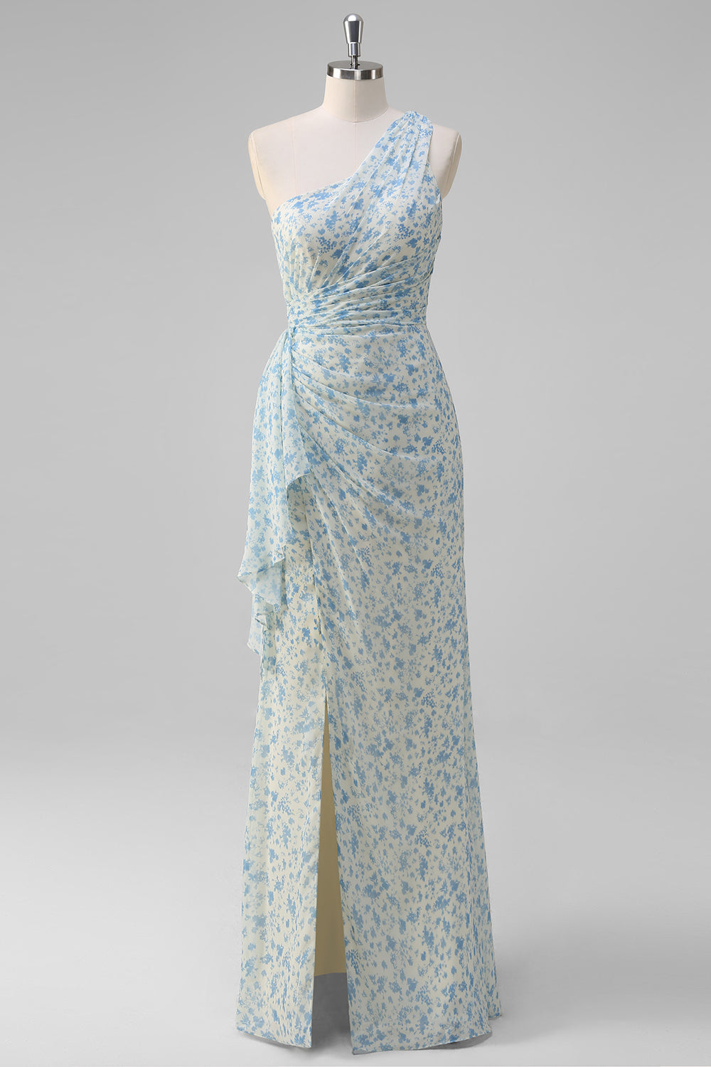 Weiß Blau Blume Eine Schulter Brautjungfernkleid mit Schlitz