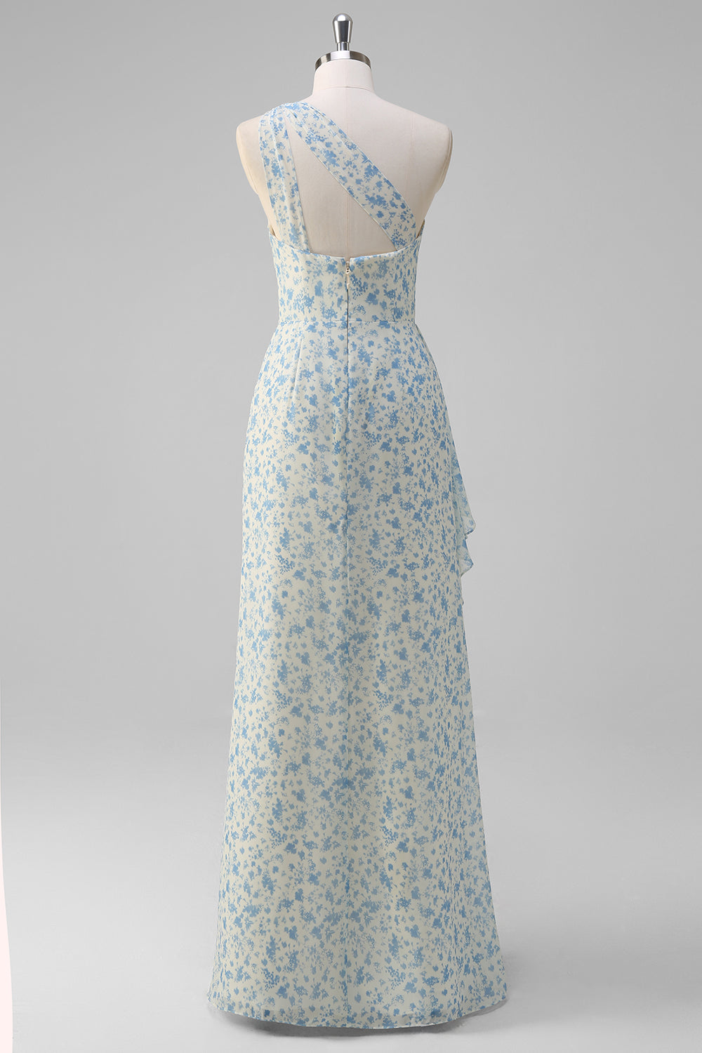 Weiß Blau Blume Eine Schulter Brautjungfernkleid mit Schlitz