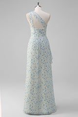 Weiß Blau Blume Eine Schulter Brautjungfernkleid mit Schlitz