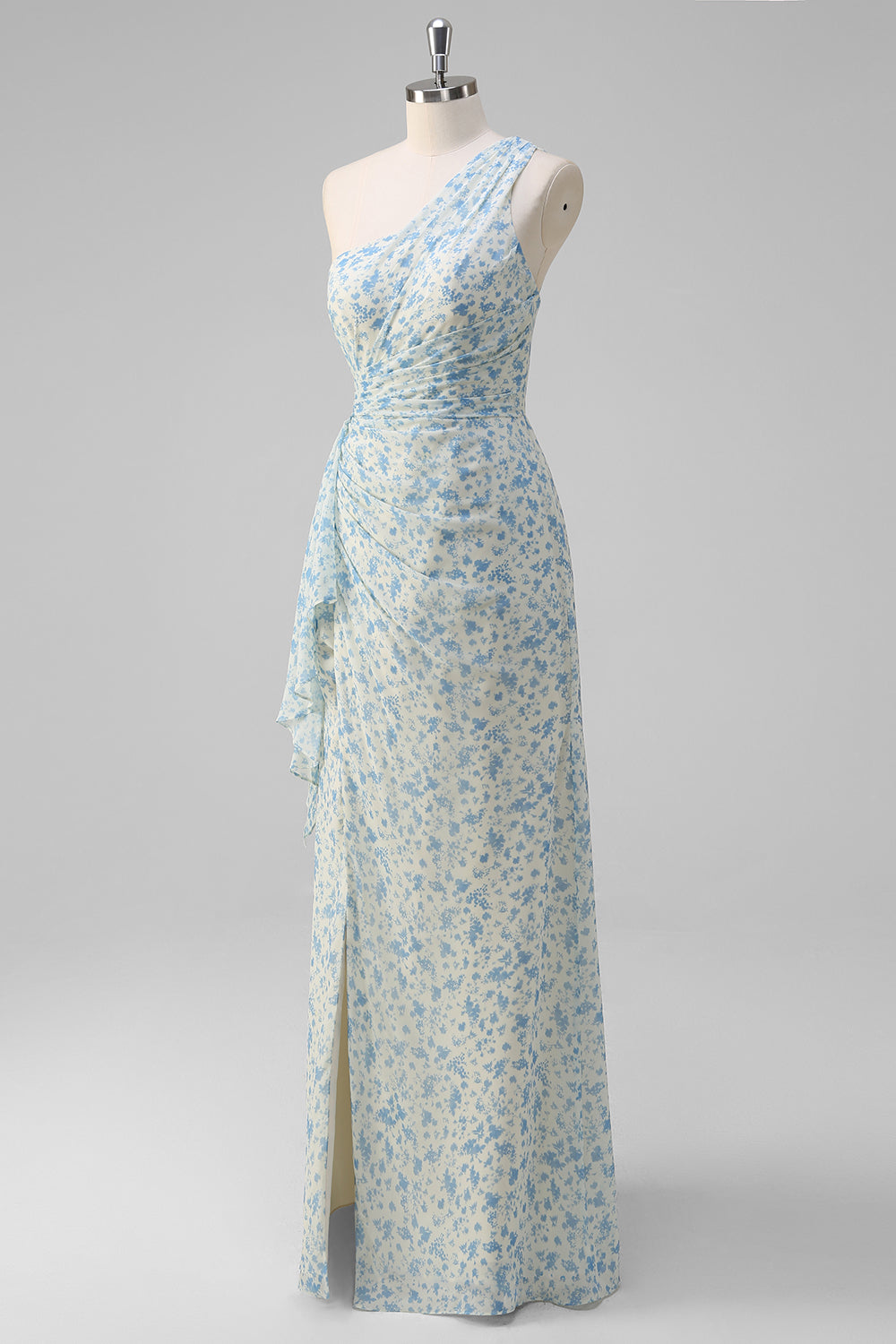 Weiß Blau Blume Eine Schulter Brautjungfernkleid mit Schlitz