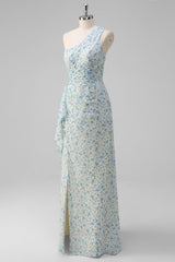 Weiß Blau Blume Eine Schulter Brautjungfernkleid mit Schlitz