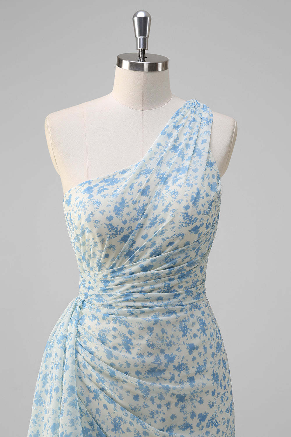 Weiß Blau Blume Eine Schulter Brautjungfernkleid mit Schlitz