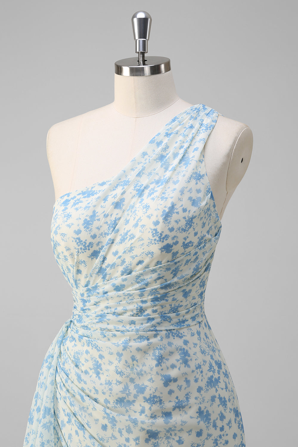 Weiß Blau Blume Eine Schulter Brautjungfernkleid mit Schlitz