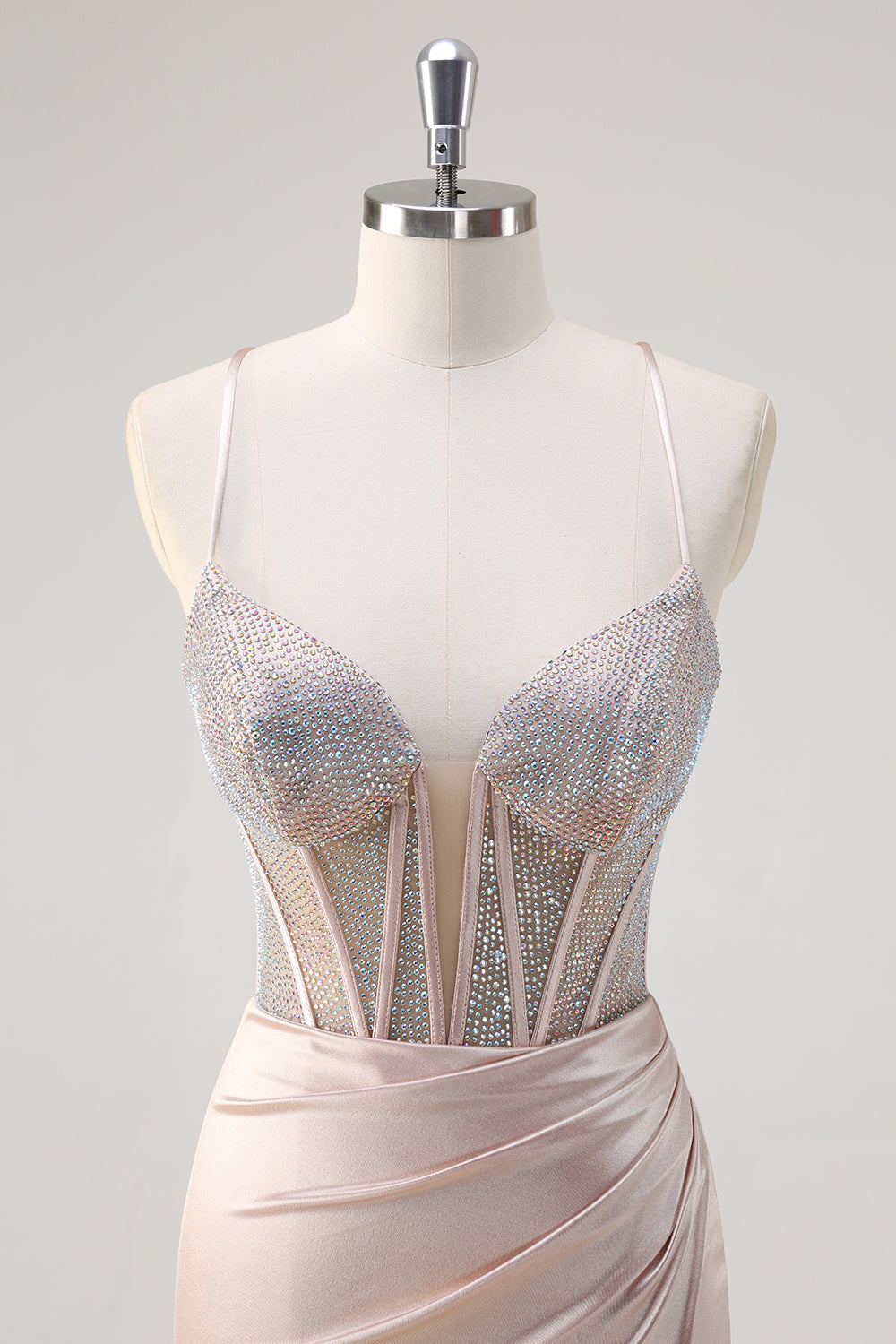 Blush Spaghettiträger Meerjungfrau Korsett Perlenbesetztes langes Ballkleid
