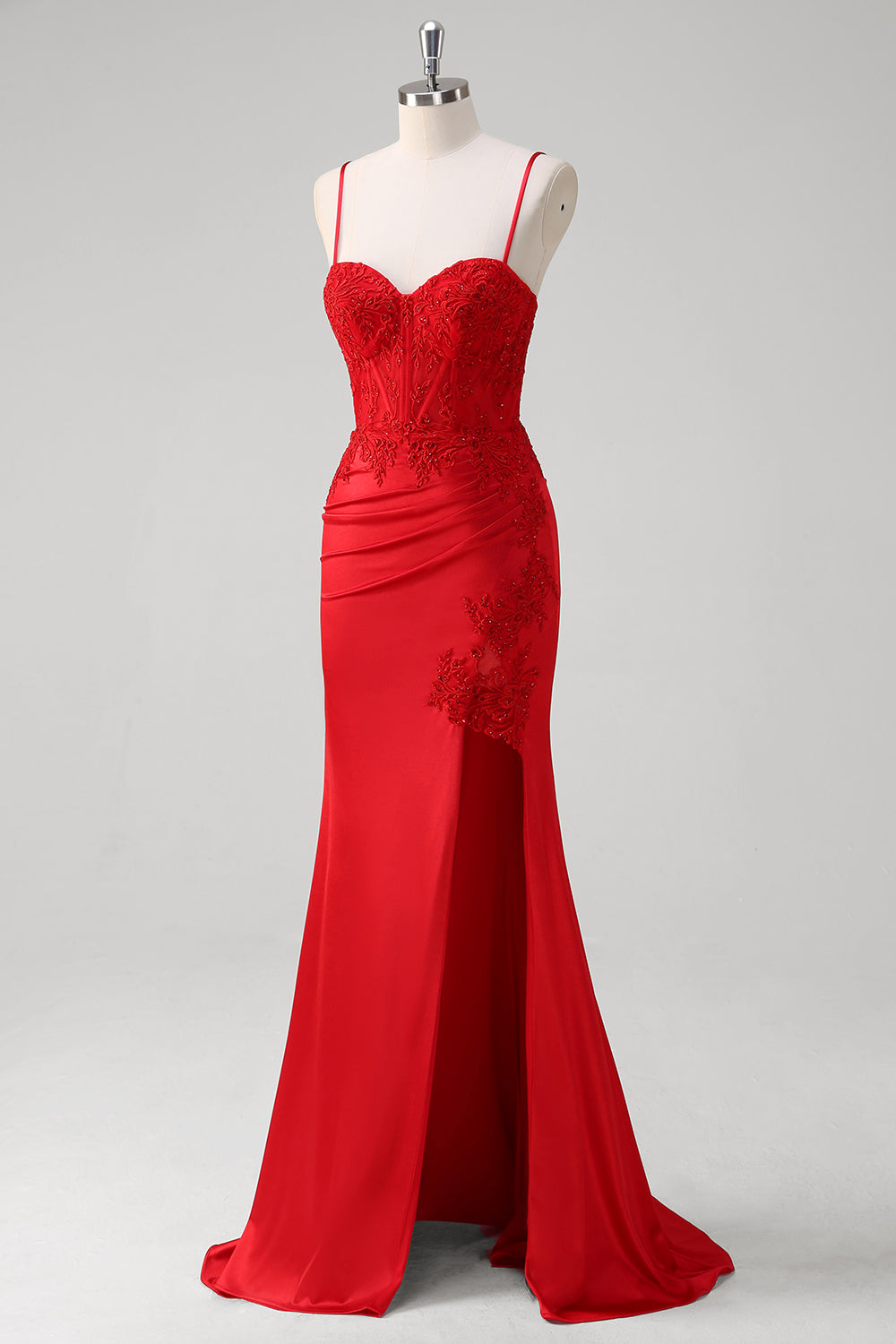 Rote Spaghettiträger Meerjungfrau Satin Langes Korsett Ballkleid mit Applikationen