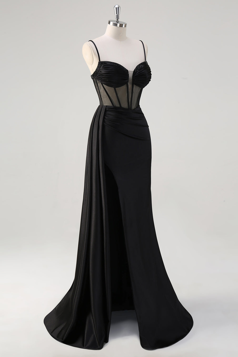 Schwarzes Spaghettiträger Satin Meerjungfrauen Langes Korsett Ballkleid mit Schlitz