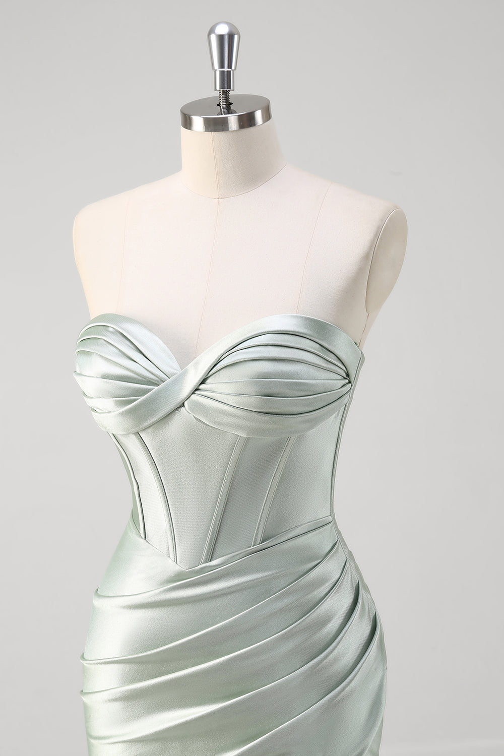 Matcha Meerjungfrau Herzausschnitt Satin Rüschen Langes Korsett Ballkleid mit Schlitz